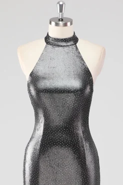 Sparkly prata cinza Halter Shath vestido formal com fenda