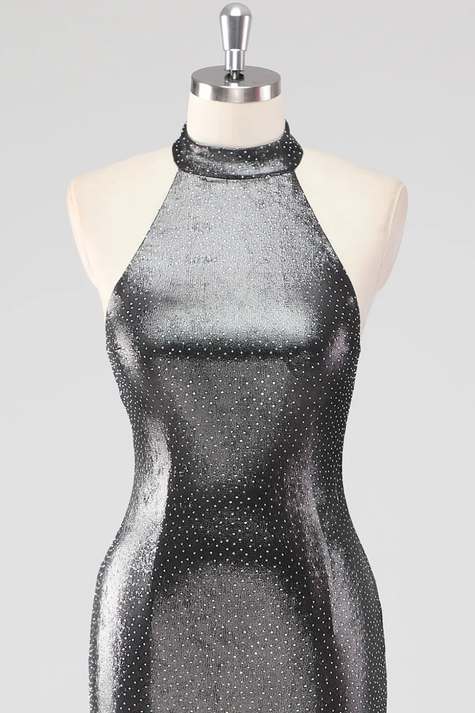 Sparkly prata cinza Halter Shath vestido formal com fenda