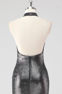 Sparkly prata cinza Halter Shath vestido formal com fenda