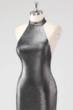 Sparkly prata cinza Halter Shath vestido formal com fenda