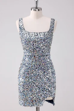 Sparkly prata pescoço quadrado apertado Homecoming vestido com fenda
