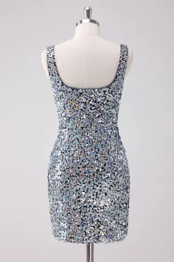 Sparkly prata pescoço quadrado apertado Homecoming vestido com fenda