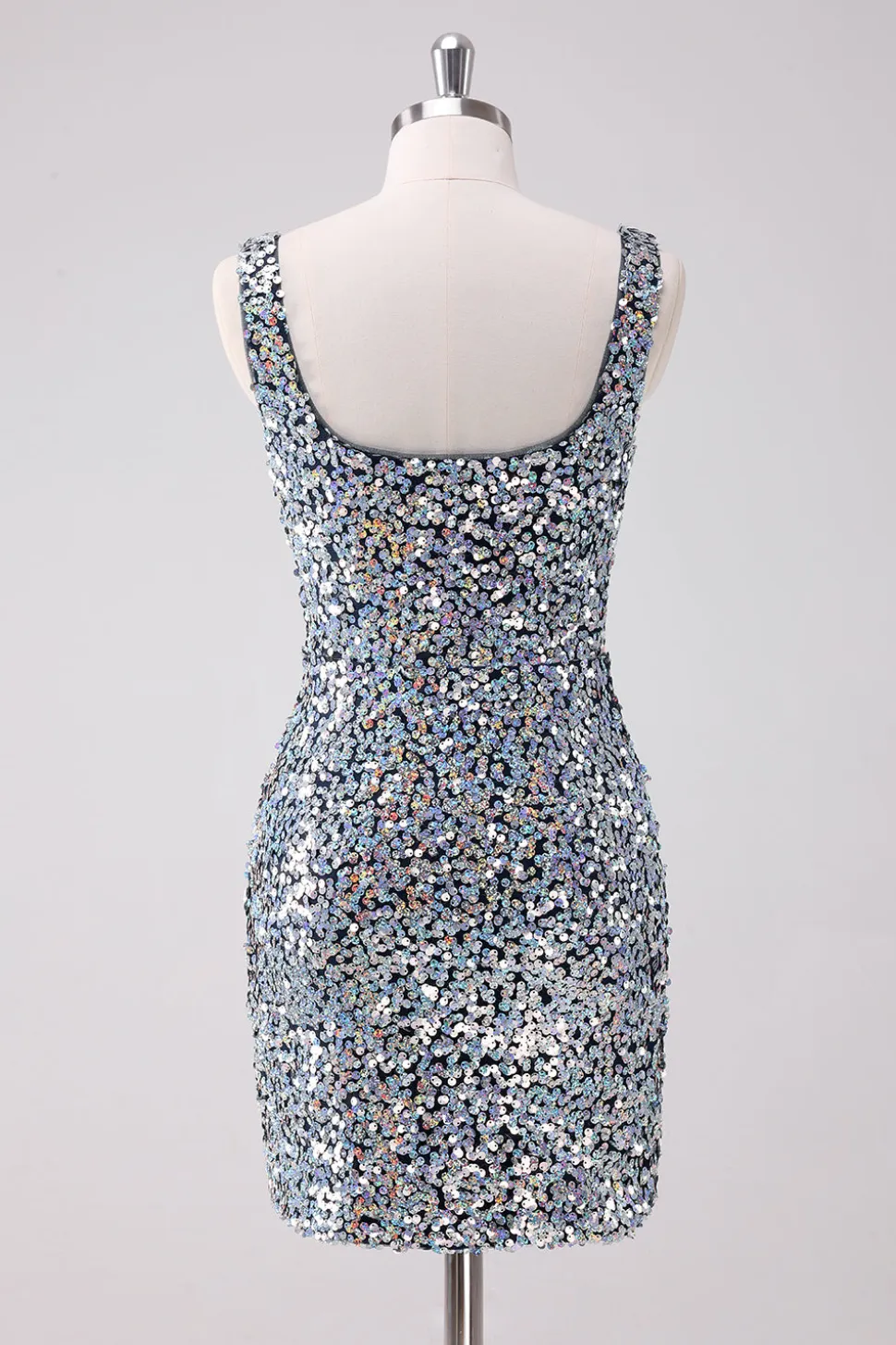 Sparkly prata pescoço quadrado apertado Homecoming vestido com fenda
