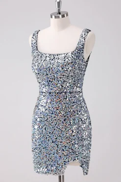 Sparkly prata pescoço quadrado apertado Homecoming vestido com fenda