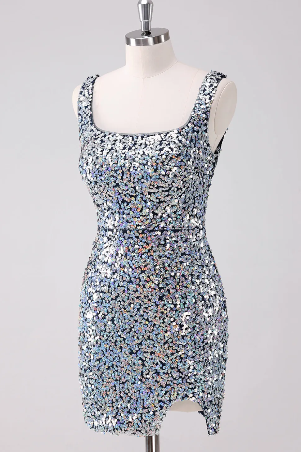 Sparkly prata pescoço quadrado apertado Homecoming vestido com fenda