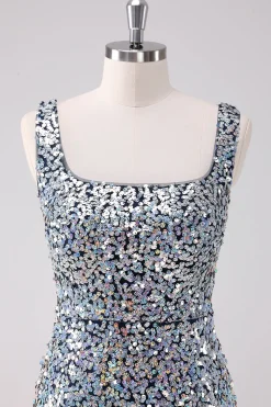 Sparkly prata pescoço quadrado apertado Homecoming vestido com fenda