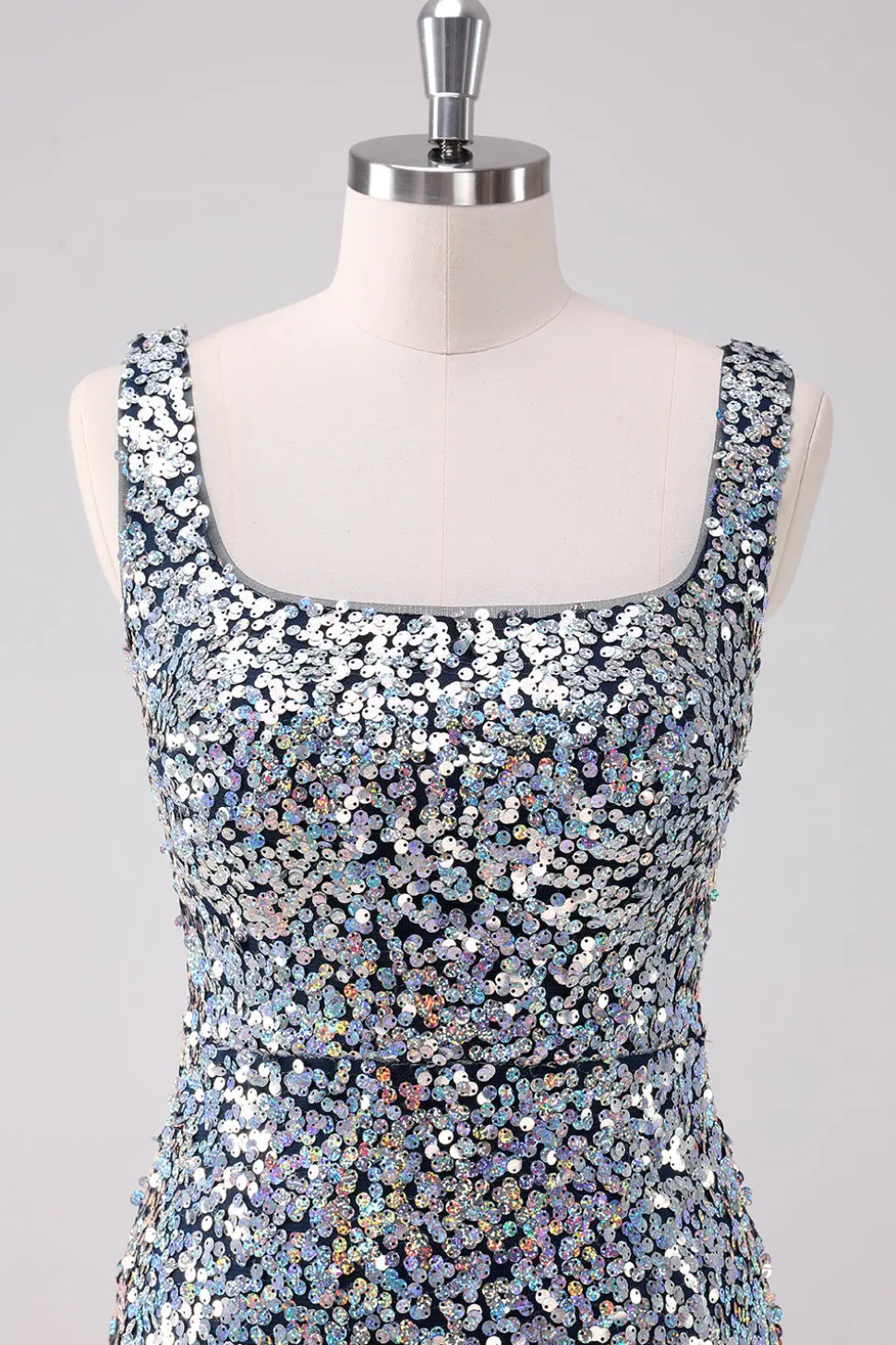 Sparkly prata pescoço quadrado apertado Homecoming vestido com fenda