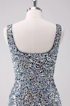 Sparkly prata pescoço quadrado apertado Homecoming vestido com fenda