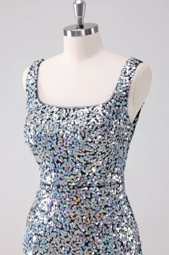 Sparkly prata pescoço quadrado apertado Homecoming vestido com fenda