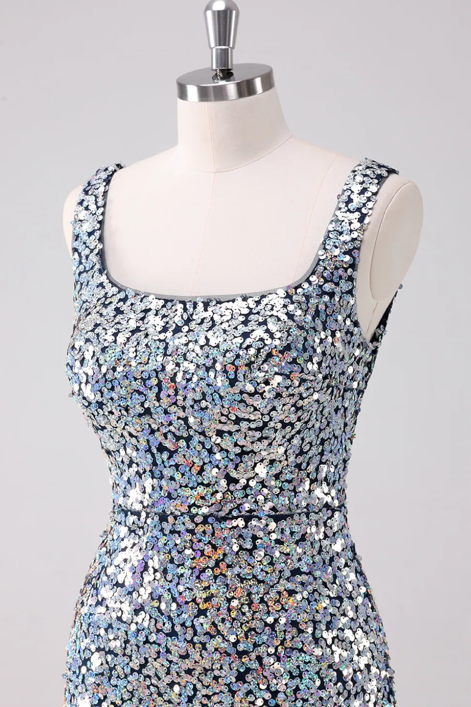 Sparkly prata pescoço quadrado apertado Homecoming vestido com fenda