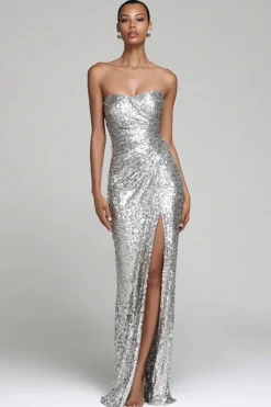Sparkly prata sem alças bainha vestido de festa de férias com fenda
