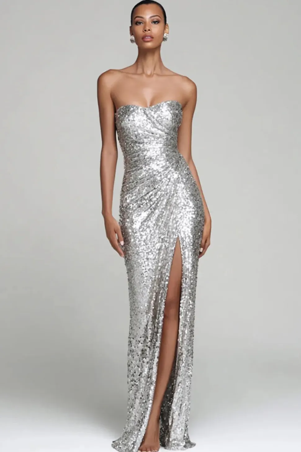 Sparkly prata sem alças bainha vestido de festa de férias com fenda