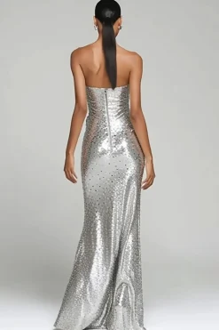 Sparkly prata sem alças bainha vestido de festa de férias com fenda