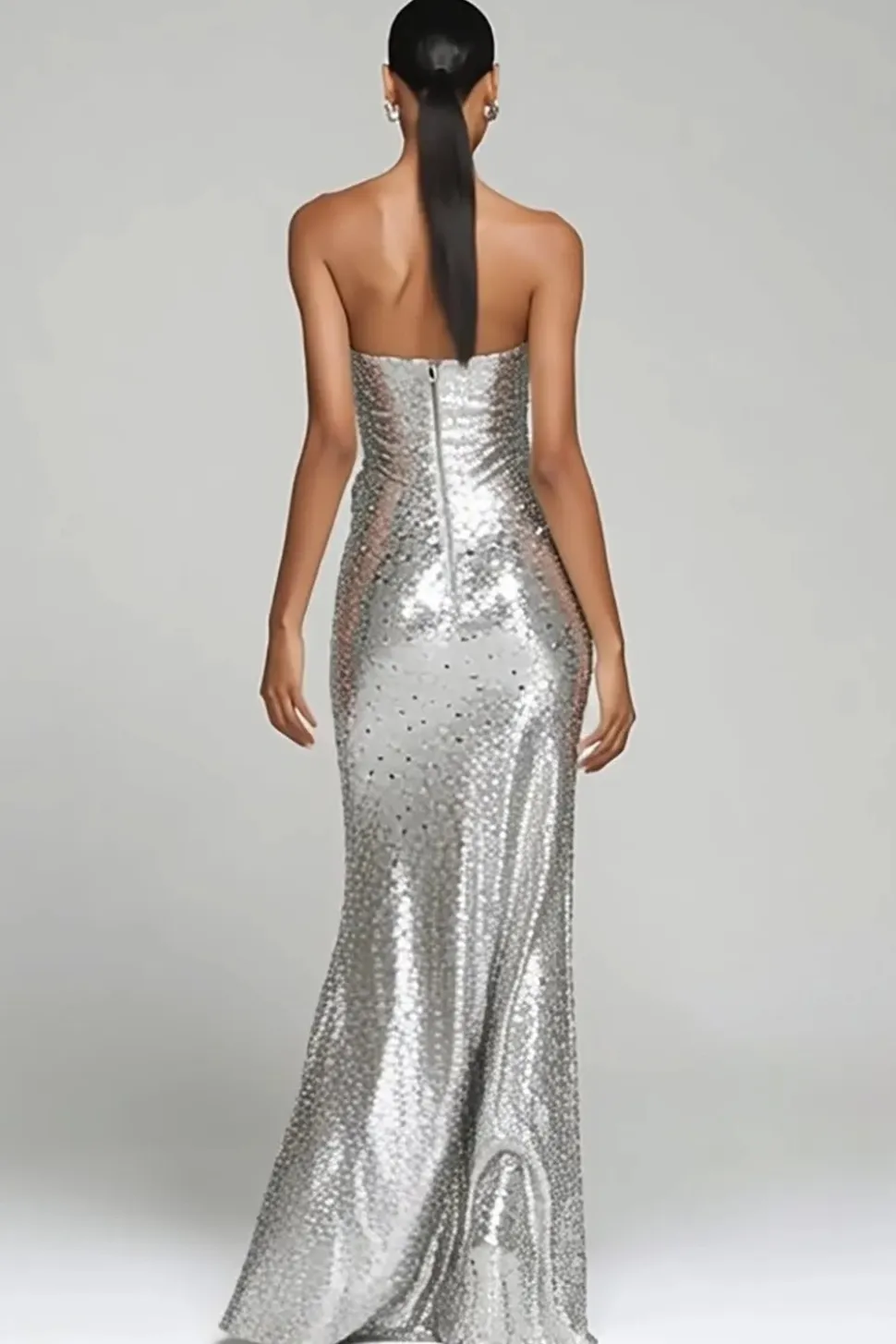 Sparkly prata sem alças bainha vestido de festa de férias com fenda