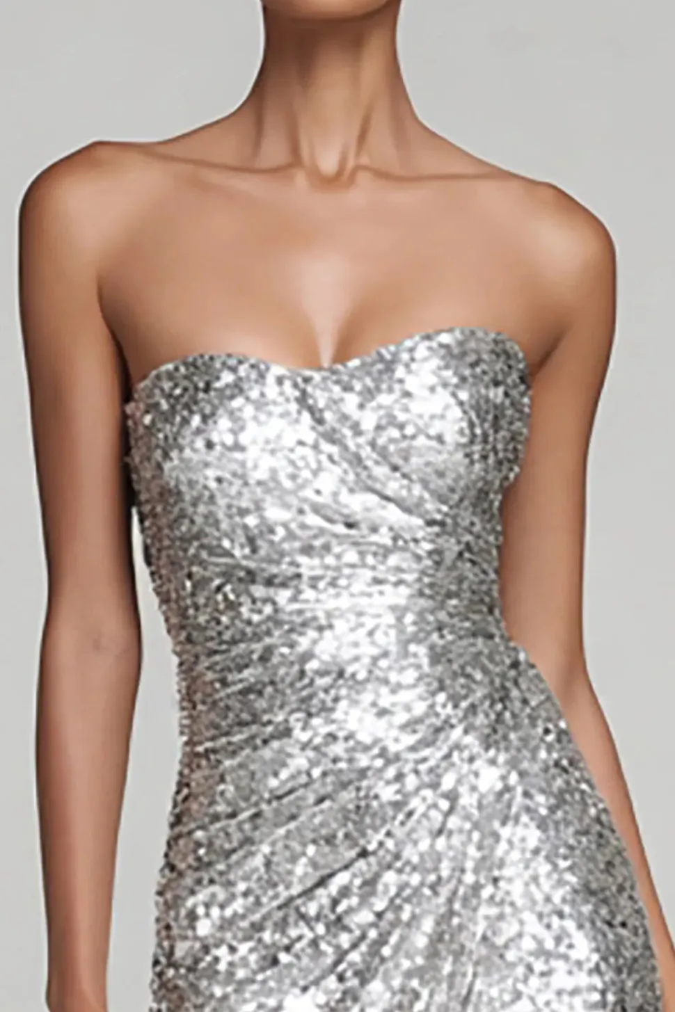 Sparkly prata sem alças bainha vestido de festa de férias com fenda