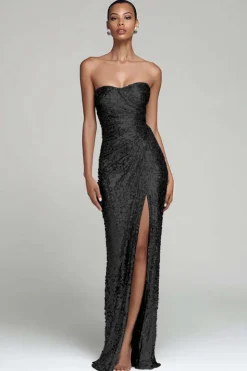 Sparkly prata sem alças bainha vestido de festa de férias com fenda