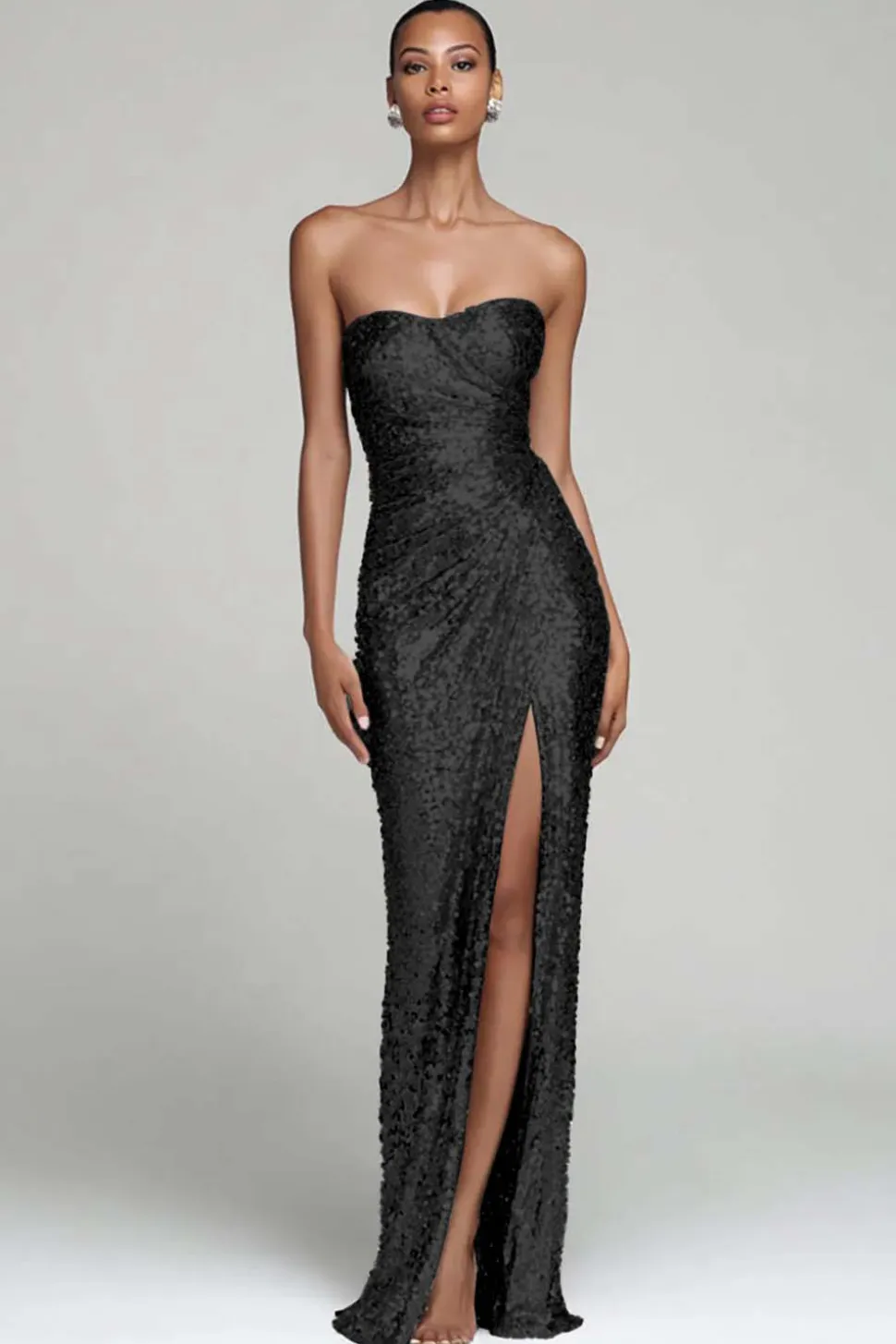 Sparkly prata sem alças bainha vestido de festa de férias com fenda