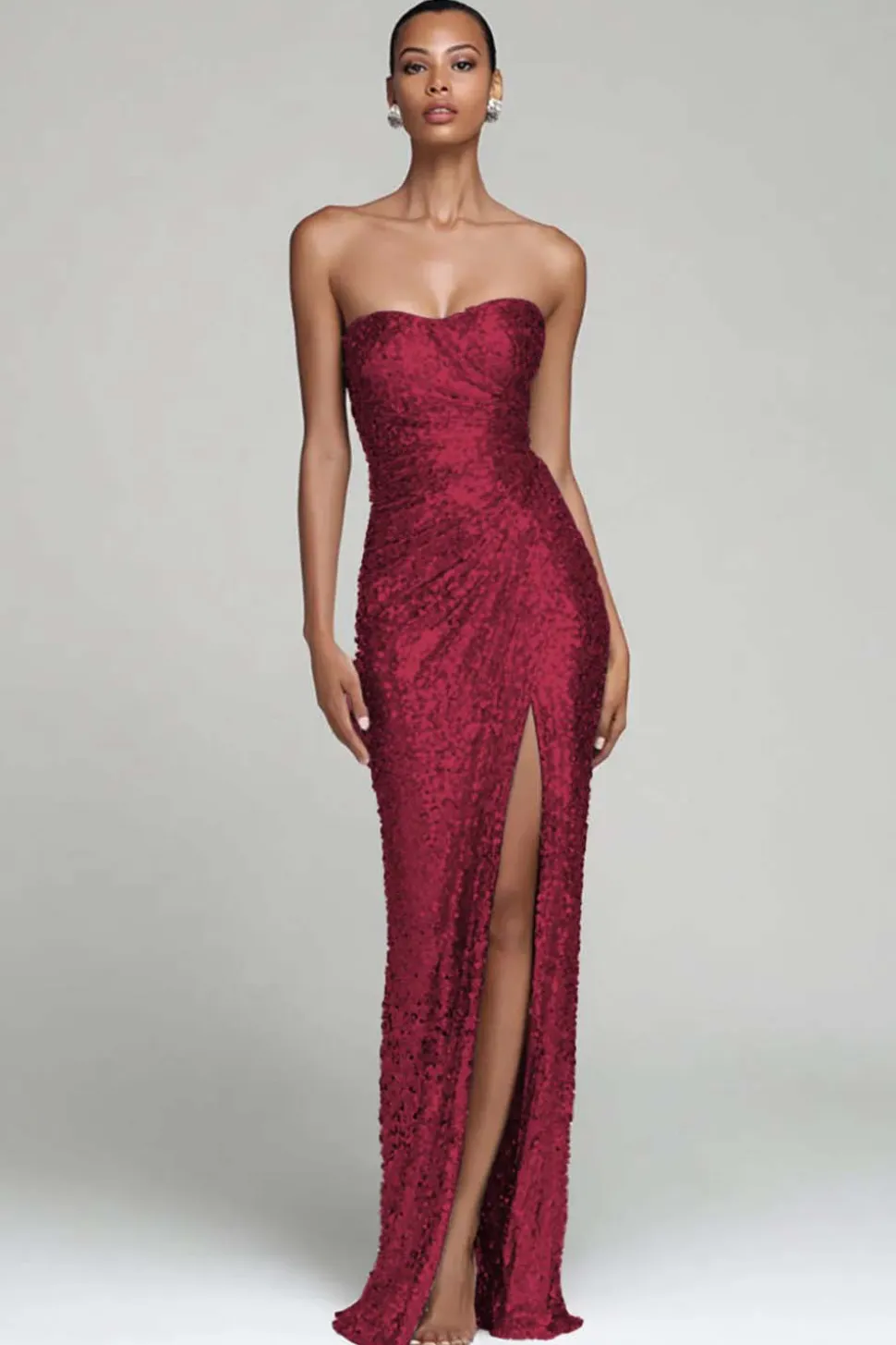 Sparkly prata sem alças bainha vestido de festa de férias com fenda