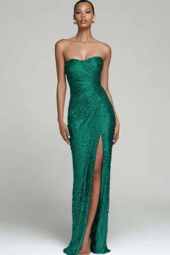 Sparkly prata sem alças bainha vestido de festa de férias com fenda