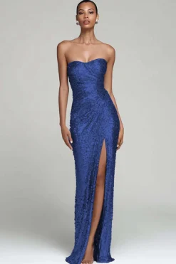Sparkly prata sem alças bainha vestido de festa de férias com fenda