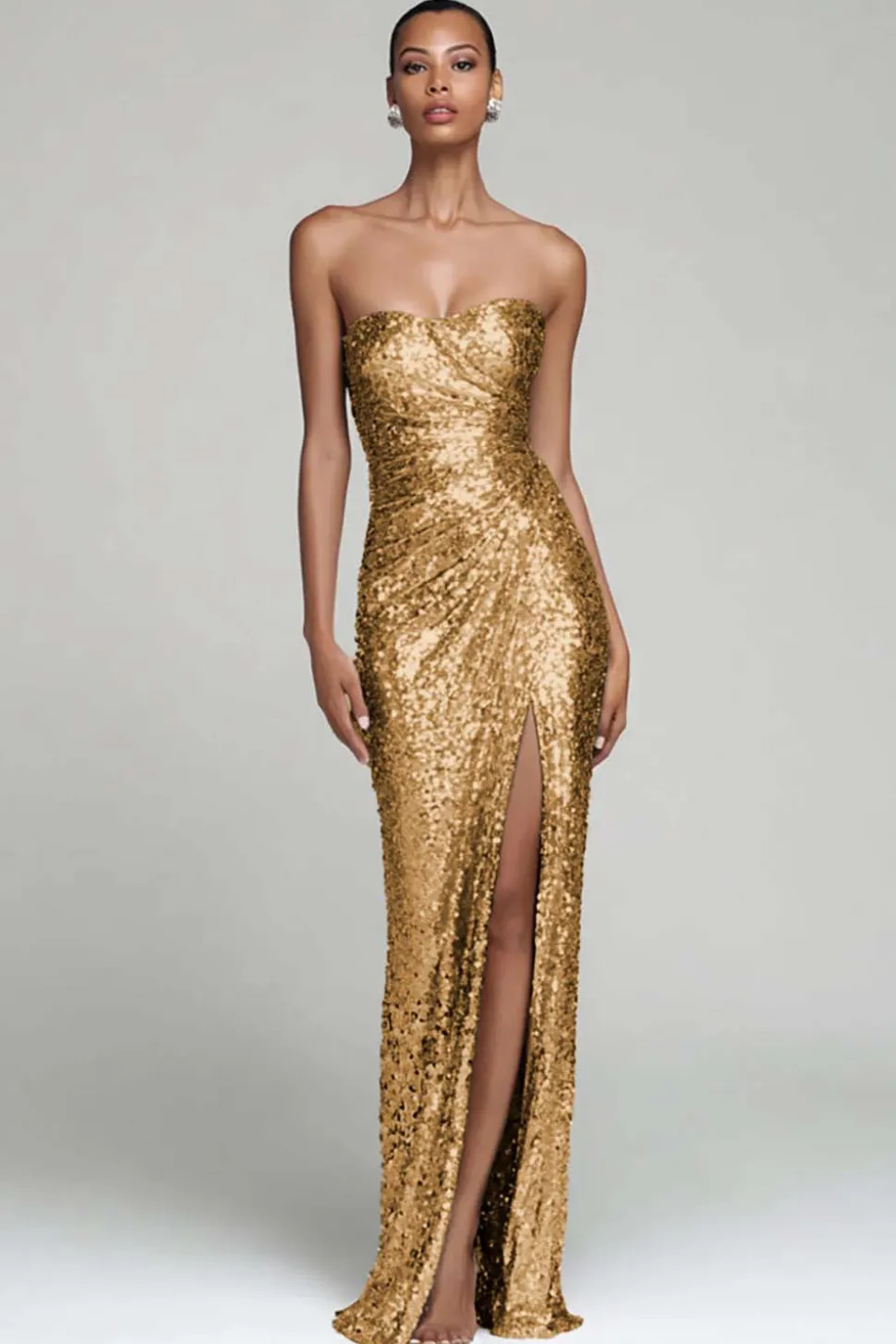 Sparkly prata sem alças bainha vestido de festa de férias com fenda