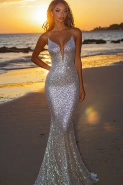 Sparkly prata sem costas sereia longo vestido formal