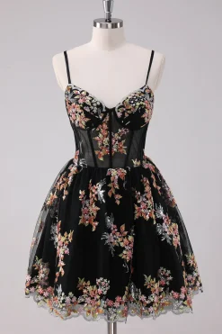 Sparkly Preto A-Line Floral Vestido Curto Homecoming