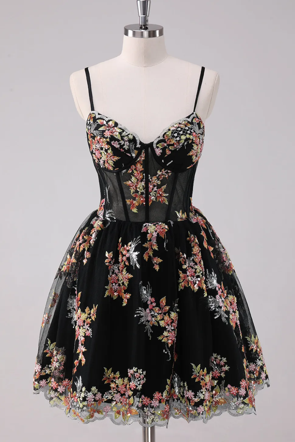 Sparkly Preto A-Line Floral Vestido Curto Homecoming
