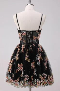 Sparkly Preto A-Line Floral Vestido Curto Homecoming