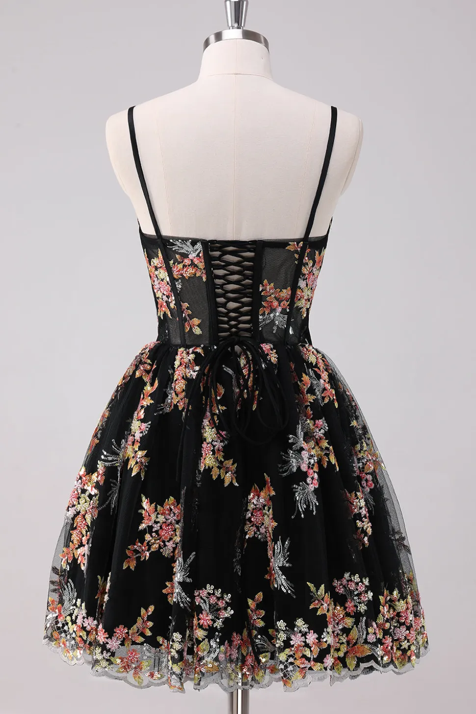 Sparkly Preto A-Line Floral Vestido Curto Homecoming