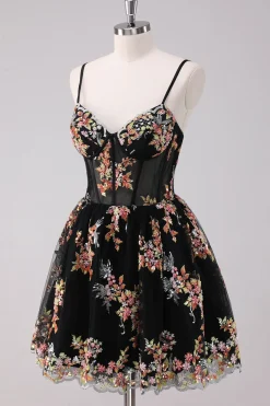 Sparkly Preto A-Line Floral Vestido Curto Homecoming
