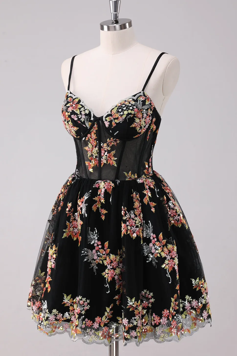 Sparkly Preto A-Line Floral Vestido Curto Homecoming