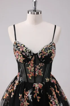 Sparkly Preto A-Line Floral Vestido Curto Homecoming