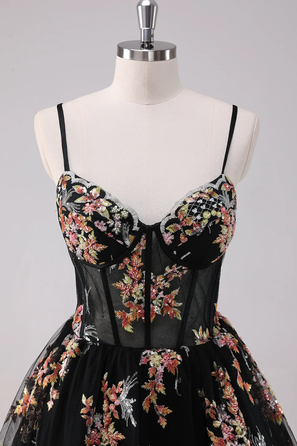 Sparkly Preto A-Line Floral Vestido Curto Homecoming