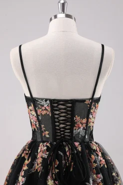 Sparkly Preto A-Line Floral Vestido Curto Homecoming