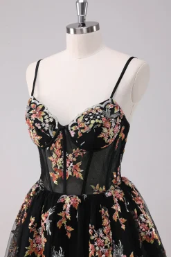Sparkly Preto A-Line Floral Vestido Curto Homecoming