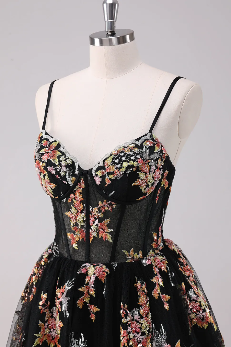 Sparkly Preto A-Line Floral Vestido Curto Homecoming