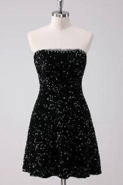 Sparkly Preto A-Line Strapless Sequins Vestido Curto Homecoming