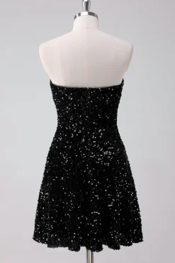 Sparkly Preto A-Line Strapless Sequins Vestido Curto Homecoming