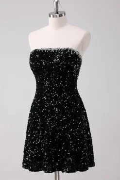 Sparkly Preto A-Line Strapless Sequins Vestido Curto Homecoming