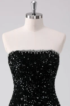 Sparkly Preto A-Line Strapless Sequins Vestido Curto Homecoming
