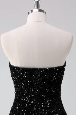 Sparkly Preto A-Line Strapless Sequins Vestido Curto Homecoming