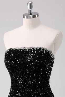 Sparkly Preto A-Line Strapless Sequins Vestido Curto Homecoming