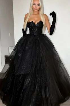 Sparkly Preto Ball Gown Strapless Ruffles Tulle Long Prom Dress