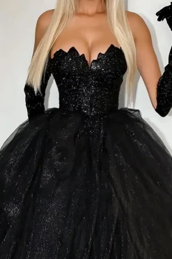 Sparkly Preto Ball Gown Strapless Ruffles Tulle Long Prom Dress