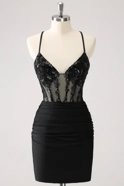 Sparkly Preto Bodycon Espaghetti Corset Vestido Curto Homecoming com Renda Up Back