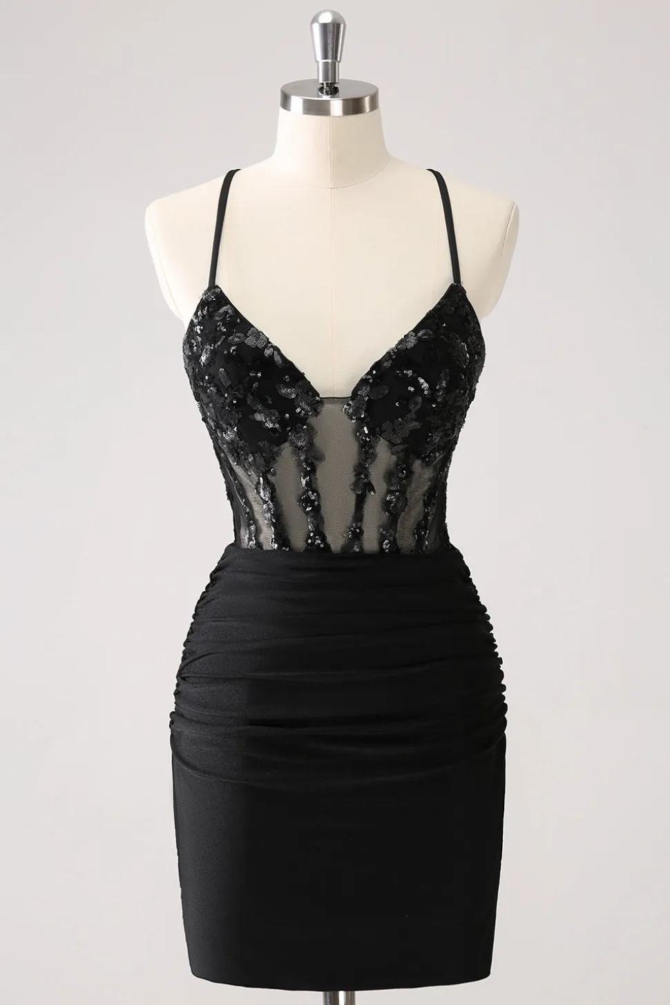 Sparkly Preto Bodycon Espaghetti Corset Vestido Curto Homecoming com Renda Up Back