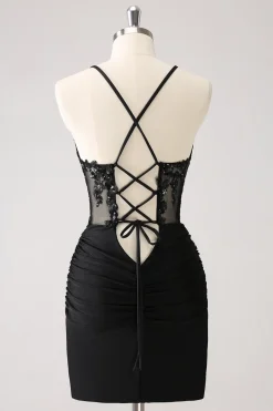 Sparkly Preto Bodycon Espaghetti Corset Vestido Curto Homecoming com Renda Up Back