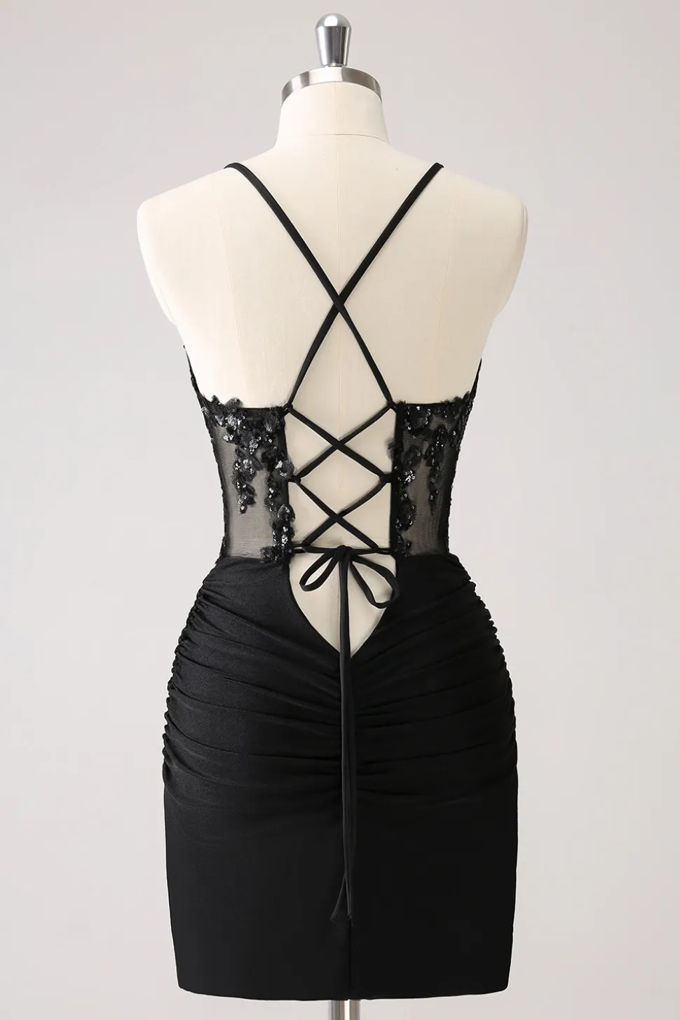Sparkly Preto Bodycon Espaghetti Corset Vestido Curto Homecoming com Renda Up Back