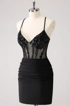 Sparkly Preto Bodycon Espaghetti Corset Vestido Curto Homecoming com Renda Up Back